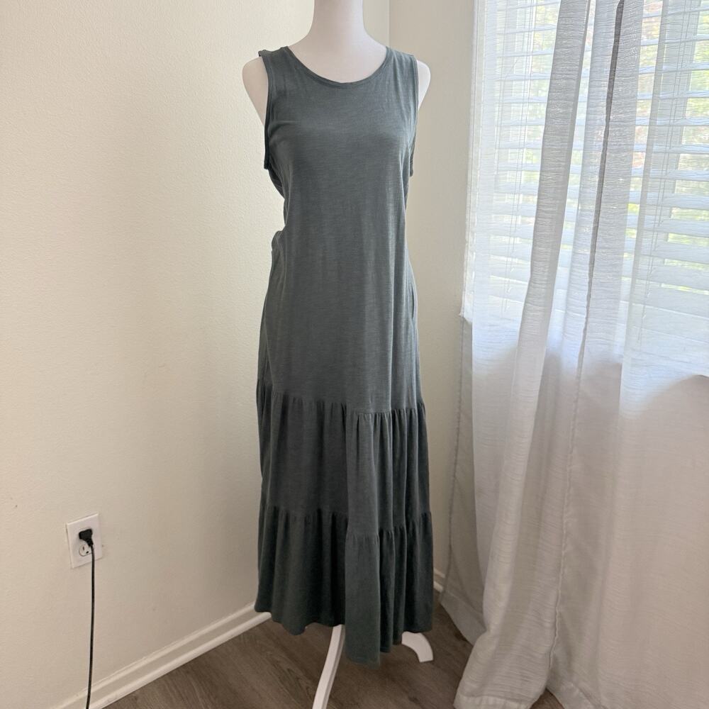 J.Jill Dress Small Petite Sleeveless Tiered A-Line Green Maxi Minimal Boho